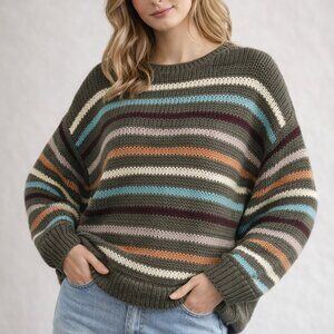 Davi & Dani Chunky Knit Striped Sweater Olive Green Multi Color NWT